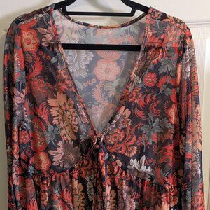 Shein Womens Size 2XL Bell Sleeve Sheer Floral Blouse